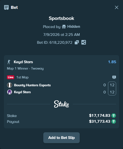 Bet slip: Bounty Hunters Esports - Keyd Stars, $17,192.00 stake at 1.85 odds, placed by Hidden