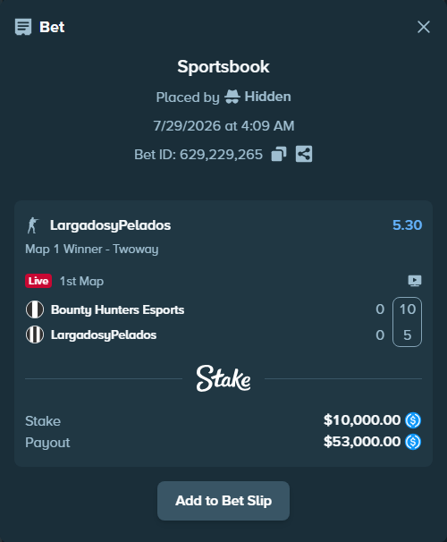 Bet slip: Bounty Hunters Esports - LargadosyPelados, $10,000.00 stake at 5.30 odds, placed by Hidden