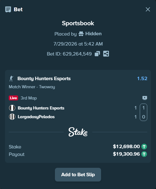 Bet slip: Bounty Hunters Esports - LargadosyPelados, $12,710.70 stake at 1.52 odds, placed by Hidden