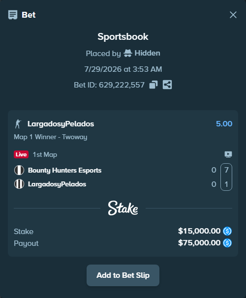 Bet slip: Bounty Hunters Esports - LargadosyPelados, $15,000.00 stake at 5.00 odds, placed by Hidden