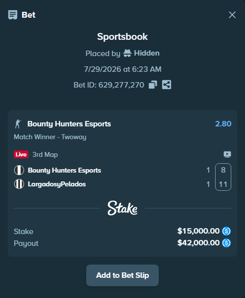 Bet slip: Bounty Hunters Esports - LargadosyPelados, $15,000.00 stake at 2.80 odds, placed by Hidden