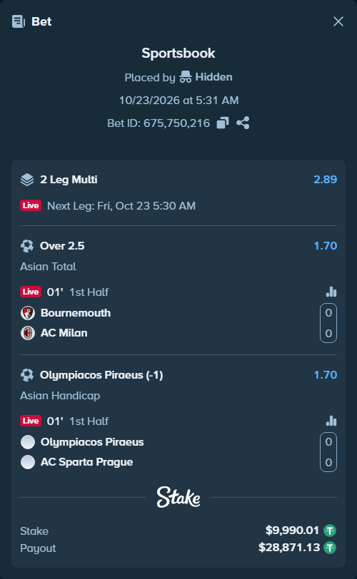 Bet slip: Bournemouth - AC Milan, $10,000.00 stake at 1.70 odds, placed by Agus1033