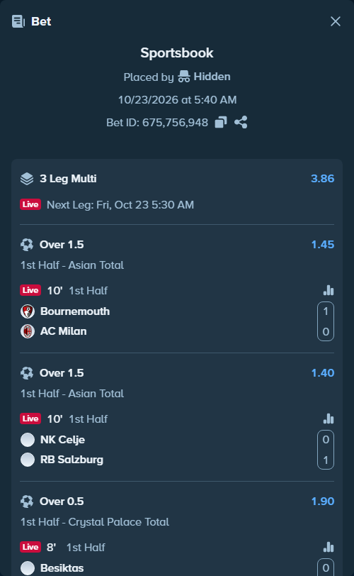 Bet slip: Bournemouth - AC Milan, $10,010.00 stake at 1.45 odds, placed by Hidden