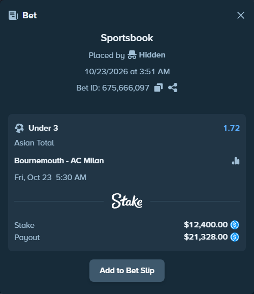 Bet slip: Bournemouth - AC Milan, $12,400.00 stake at 1.72 odds, placed by qwertea