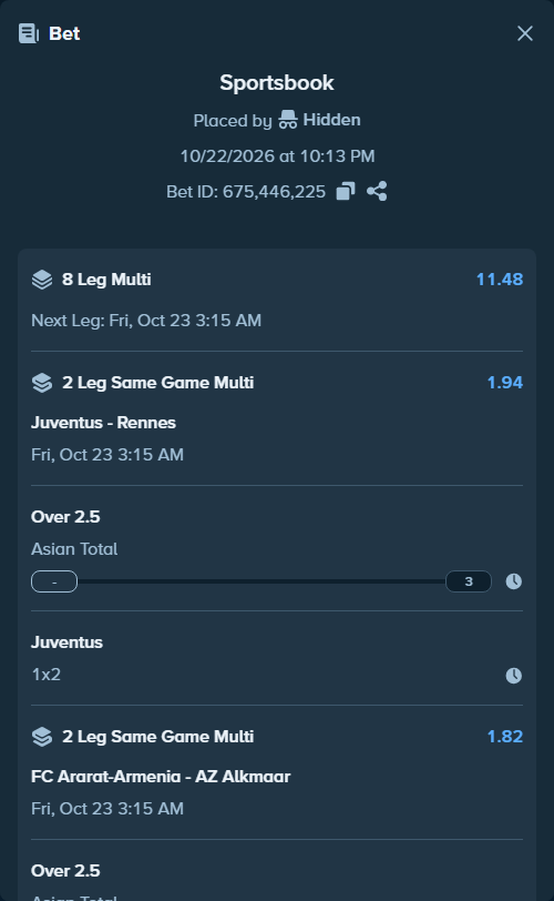 Bet slip: Bournemouth - AC Milan, $15,015.00 stake at 1.62 odds, placed by TonyJaaVIP
