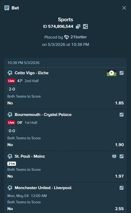 Bet slip: Bournemouth - Crystal Palace, $5,734.56 stake at 1.90 odds, placed by 21better