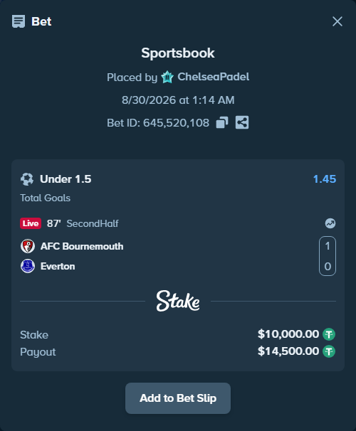 Bet slip: Bournemouth - Everton, $10,000.00 stake at 1.45 odds, placed by ChelseaPadel