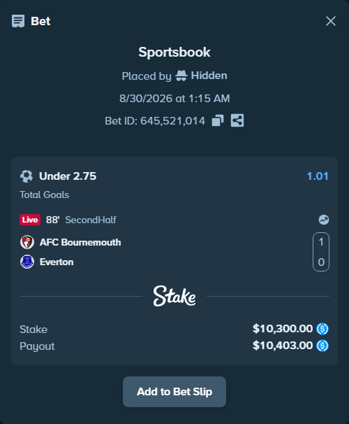 Bet slip: Bournemouth - Everton, $10,300.00 stake at 1.01 odds, placed by Hidden