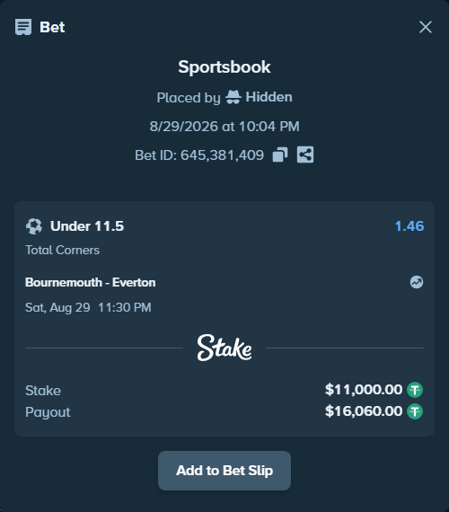 Bet slip: Bournemouth - Everton, $11,000.00 stake at 1.46 odds, placed by Hidden