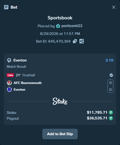 Bet slip: Bournemouth - Everton, $11,785.71 stake at 3.10 odds, placed by partizanti22