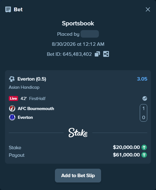 Bet slip: Bournemouth - Everton, $20,000.00 stake at 3.05 odds, placed by Mishobg86