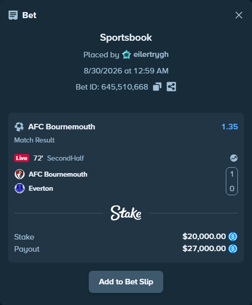 Bet slip: Bournemouth - Everton, $20,000.00 stake at 1.35 odds, placed by eilertrygh