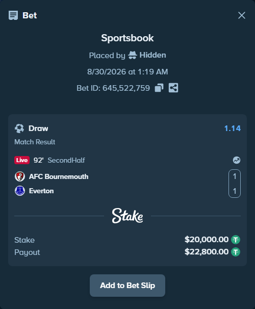 Bet slip: Bournemouth - Everton, $20,000.00 stake at 1.14 odds, placed by Hidden