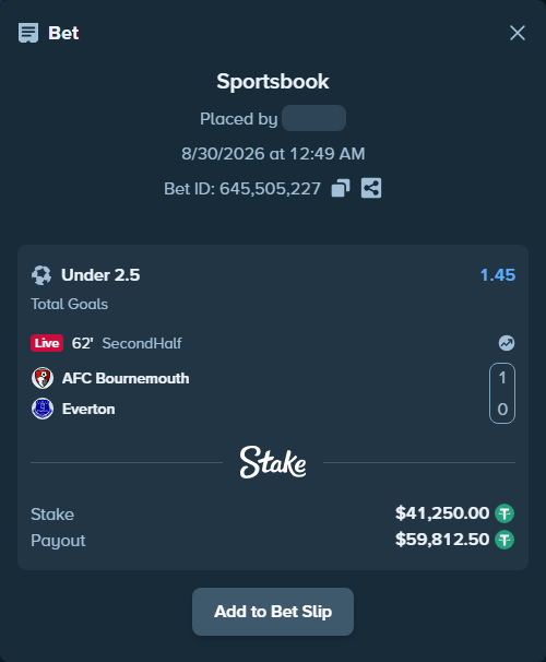 Bet slip: Bournemouth - Everton, $41,250.00 stake at 1.45 odds, placed by partizanti22