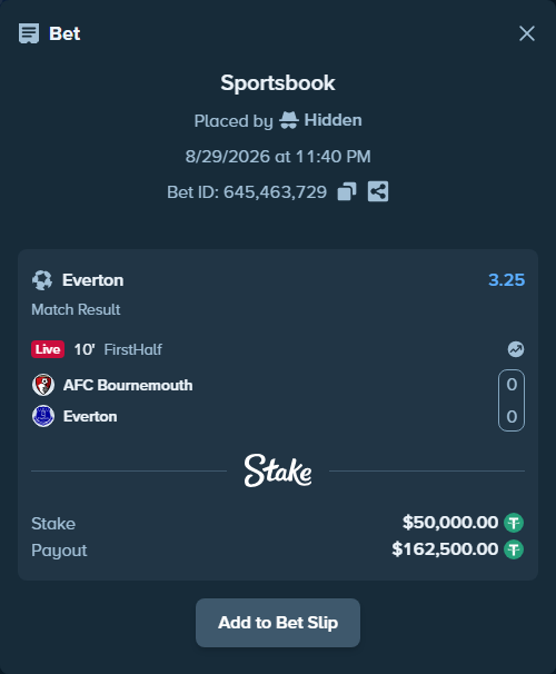 Bet slip: Bournemouth - Everton, $50,000.00 stake at 3.25 odds, placed by Hidden