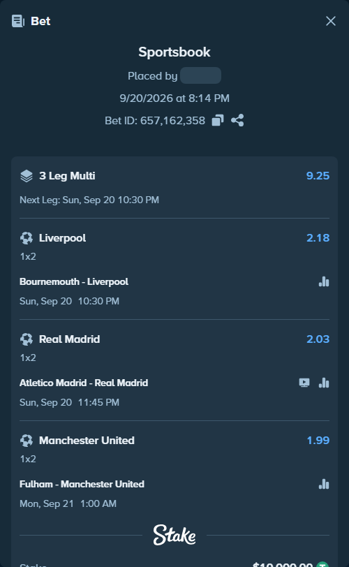 Bet slip: Bournemouth - Liverpool, $10,000.00 stake at 2.18 odds, placed by ashaark