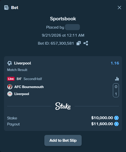 Bet slip: Bournemouth - Liverpool, $10,000.00 stake at 1.16 odds, placed by Enghandreas