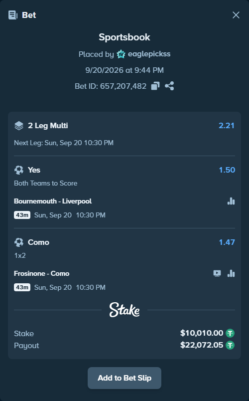 Bet slip: Bournemouth - Liverpool, $10,020.01 stake at 1.50 odds, placed by eaglepickss
