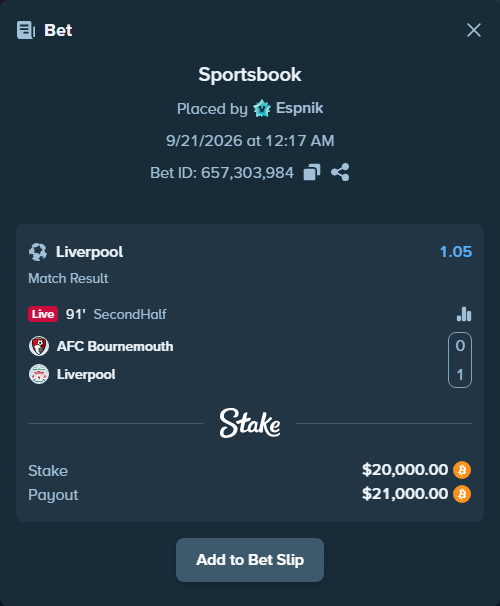Bet slip: Bournemouth - Liverpool, $20,175.05 stake at 1.05 odds, placed by Espnik