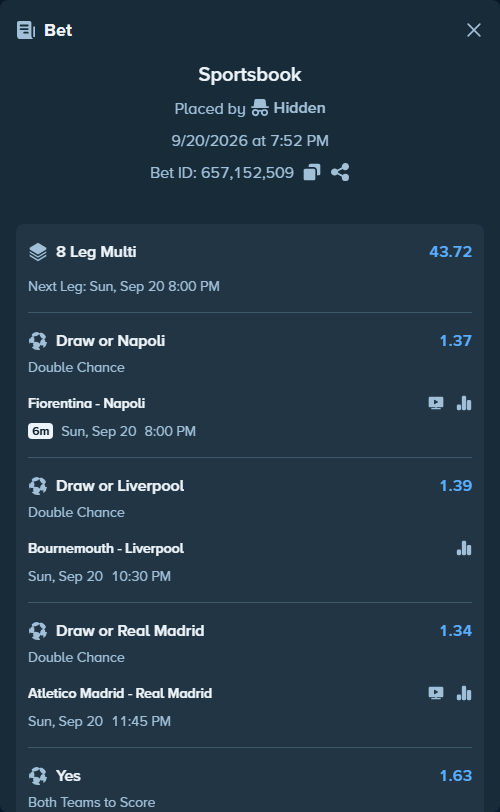 Bet slip: Bournemouth - Liverpool, $36,346.00 stake at 1.39 odds, placed by Hidden