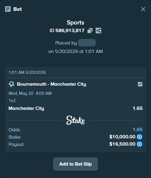 Bet slip: Bournemouth - Manchester City, $10,000.00 stake at 1.65 odds, placed by RonexTheGoat