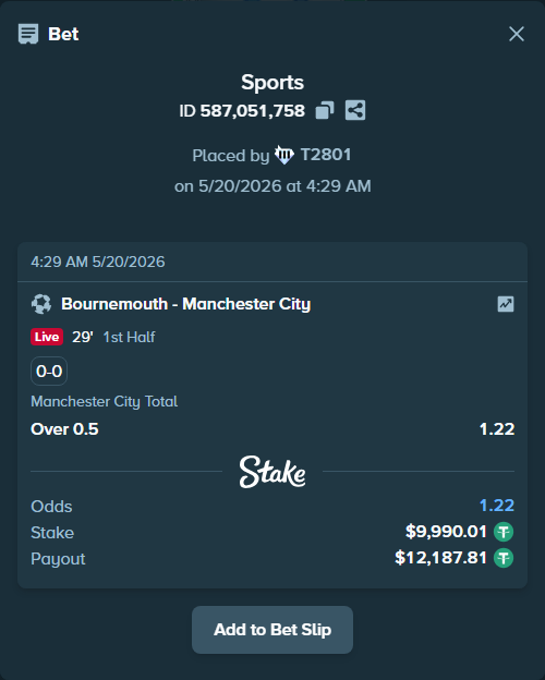 Bet slip: Bournemouth - Manchester City, $10,000.00 stake at 1.22 odds, placed by T2801