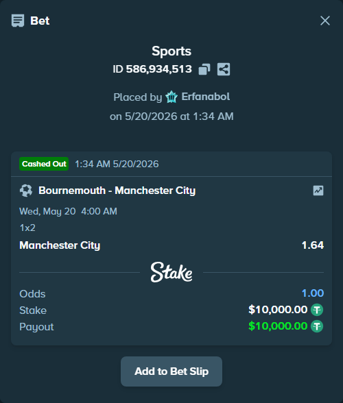 Bet slip: Bournemouth - Manchester City, $10,010.00 stake at 1.64 odds, placed by Erfanabol