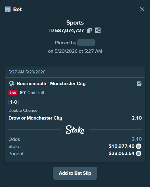 Bet slip: Bournemouth - Manchester City, $9,511.61 stake at 2.10 odds, placed by Pierob76