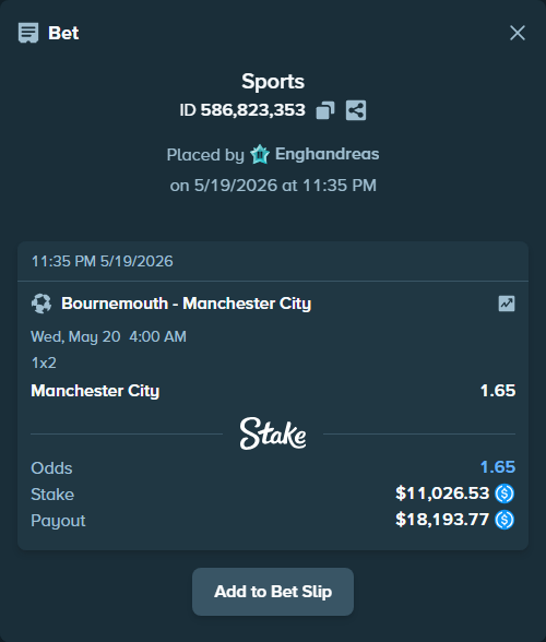 Bet slip: Bournemouth - Manchester City, $11,026.53 stake at 1.65 odds, placed by Enghandreas