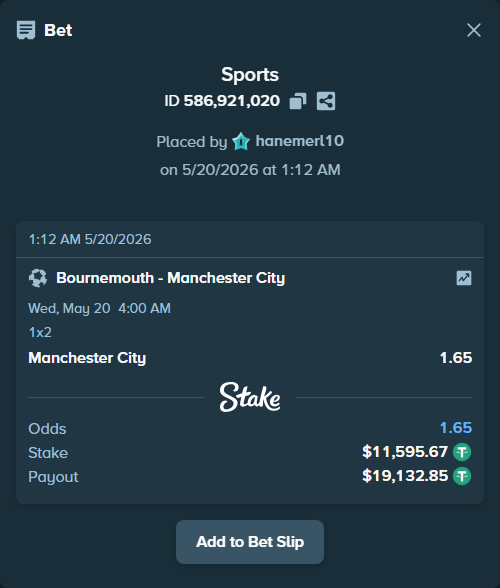 Bet slip: Bournemouth - Manchester City, $11,607.26 stake at 1.65 odds, placed by hanemerl10