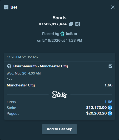 Bet slip: Bournemouth - Manchester City, $12,170.00 stake at 1.66 odds, placed by tmflrm