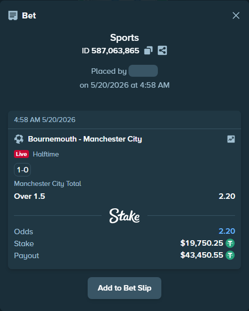 Bet slip: Bournemouth - Manchester City, $19,770.00 stake at 2.20 odds, placed by Cemocan56