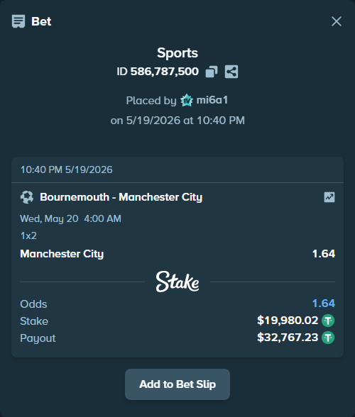Bet slip: Bournemouth - Manchester City, $20,000.00 stake at 1.64 odds, placed by mi6a1