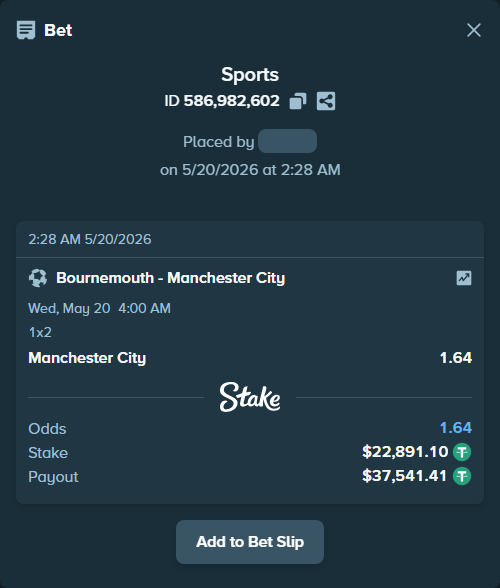 Bet slip: Bournemouth - Manchester City, $22,913.99 stake at 1.64 odds, placed by erlendw00