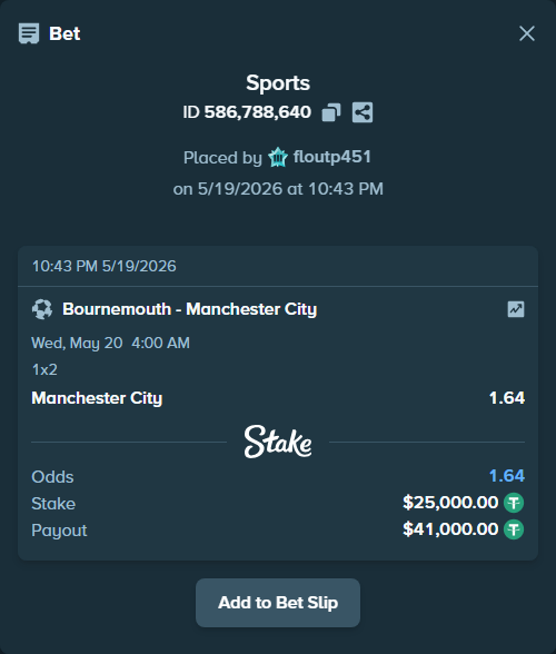 Bet slip: Bournemouth - Manchester City, $25,025.00 stake at 1.64 odds, placed by floutp451