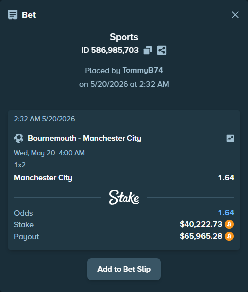 Bet slip: Bournemouth - Manchester City, $33,686.48 stake at 1.64 odds, placed by TommyB74