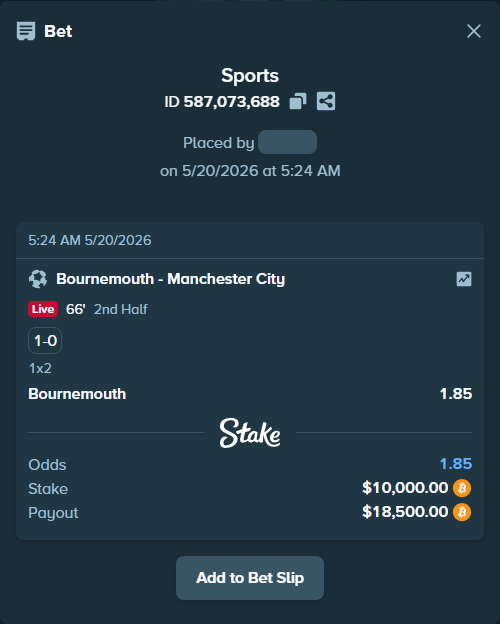 Bet slip: Bournemouth - Manchester City, $8,357.15 stake at 1.85 odds, placed by Rolf86