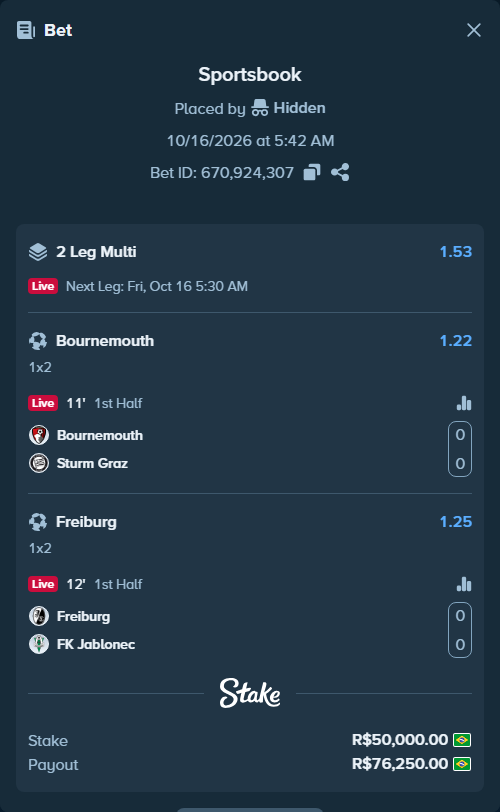 Bet slip: Bournemouth - Sturm Graz, $10,000.00 stake at 1.22 odds, placed by ricardo911ss