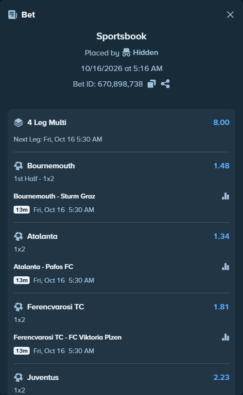 Bet slip: Bournemouth - Sturm Graz, $11,097.89 stake at 1.48 odds, placed by tqiforcat