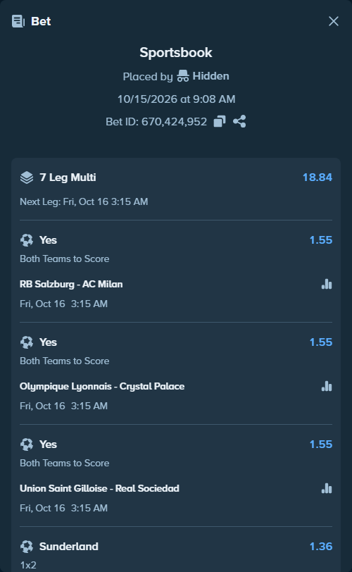 Bet slip: Bournemouth - Sturm Graz, $11,165.41 stake at 1.53 odds, placed by tqiforcat