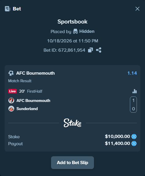 Bet slip: Bournemouth - Sunderland, $10,000.00 stake at 1.14 odds, placed by Deiligdeila