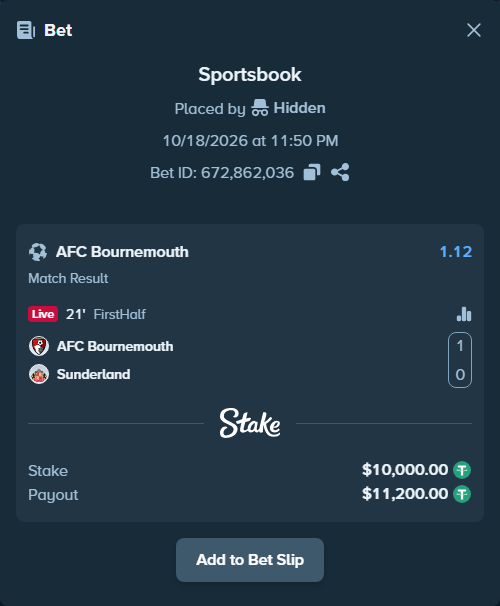 Bet slip: Bournemouth - Sunderland, $10,010.00 stake at 1.12 odds, placed by Olecashoutlind