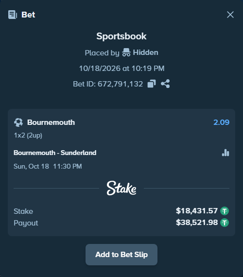Bet slip: Bournemouth - Sunderland, $18,450.00 stake at 2.09 odds, placed by Krisriple