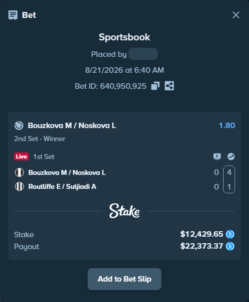 Bet slip: Bouzkova M / Noskova L - Routliffe E / Sutjiadi A, $12,429.65 stake at 1.80 odds, placed by privetmedvet15