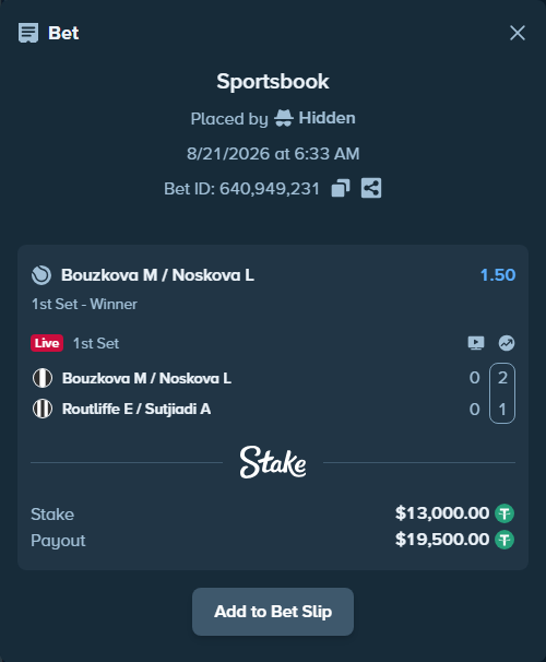 Bet slip: Bouzkova M / Noskova L - Routliffe E / Sutjiadi A, $13,000.00 stake at 1.50 odds, placed by Hidden