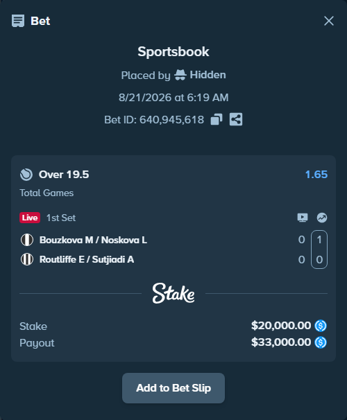 Bet slip: Bouzkova M / Noskova L - Routliffe E / Sutjiadi A, $20,000.00 stake at 1.65 odds, placed by Hidden