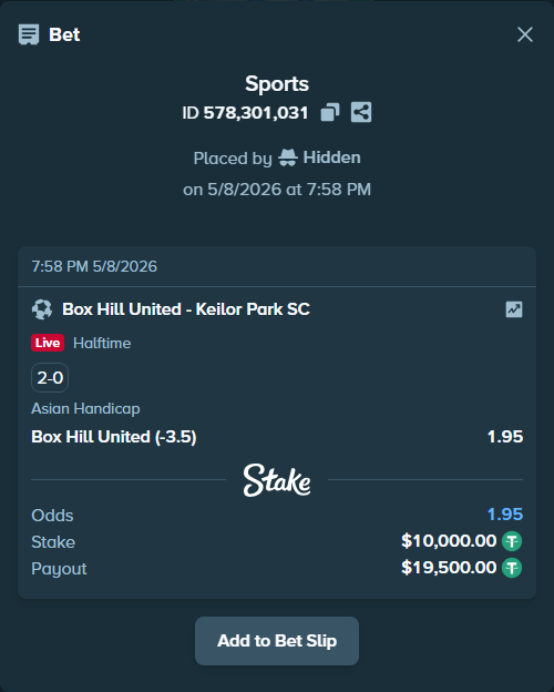 Bet slip: Box Hill United - Keilor Park SC, $10,000.00 stake at 1.95 odds, placed by Hidden