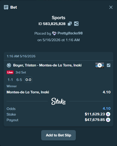 Bet slip: Boyer, Tristan - Montes-de la Torre, Inaki, $9,549.20 stake at 4.10 odds, placed by Prettylfacko98