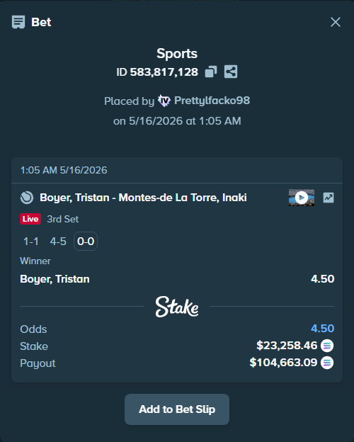 Bet slip: Boyer, Tristan - Montes-de la Torre, Inaki, $19,064.39 stake at 4.50 odds, placed by Prettylfacko98