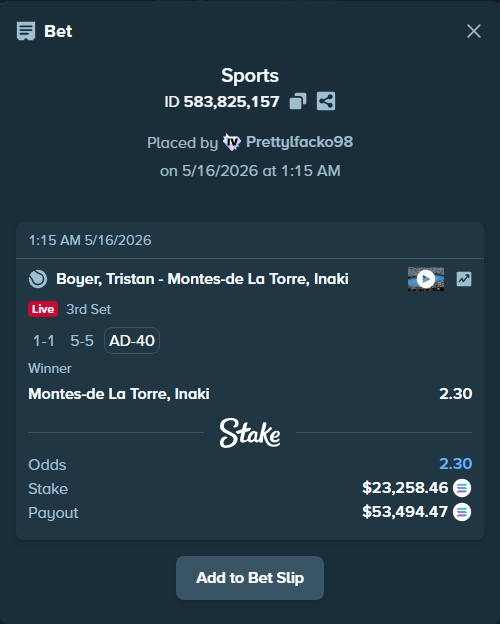 Bet slip: Boyer, Tristan - Montes-de la Torre, Inaki, $19,098.40 stake at 2.30 odds, placed by Prettylfacko98